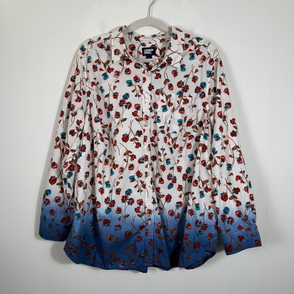 Lands End Floral Ombre Dip Dye Button Up Shirt Cotton Poplin Womens 1X New